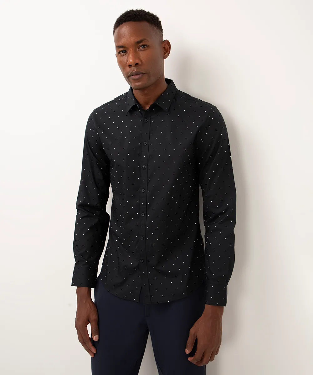 camisa de algodão slim poá manga longa preta
