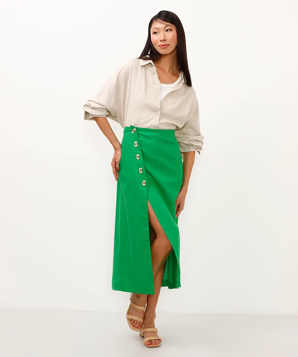 saia midi com linho botões e fenda verde