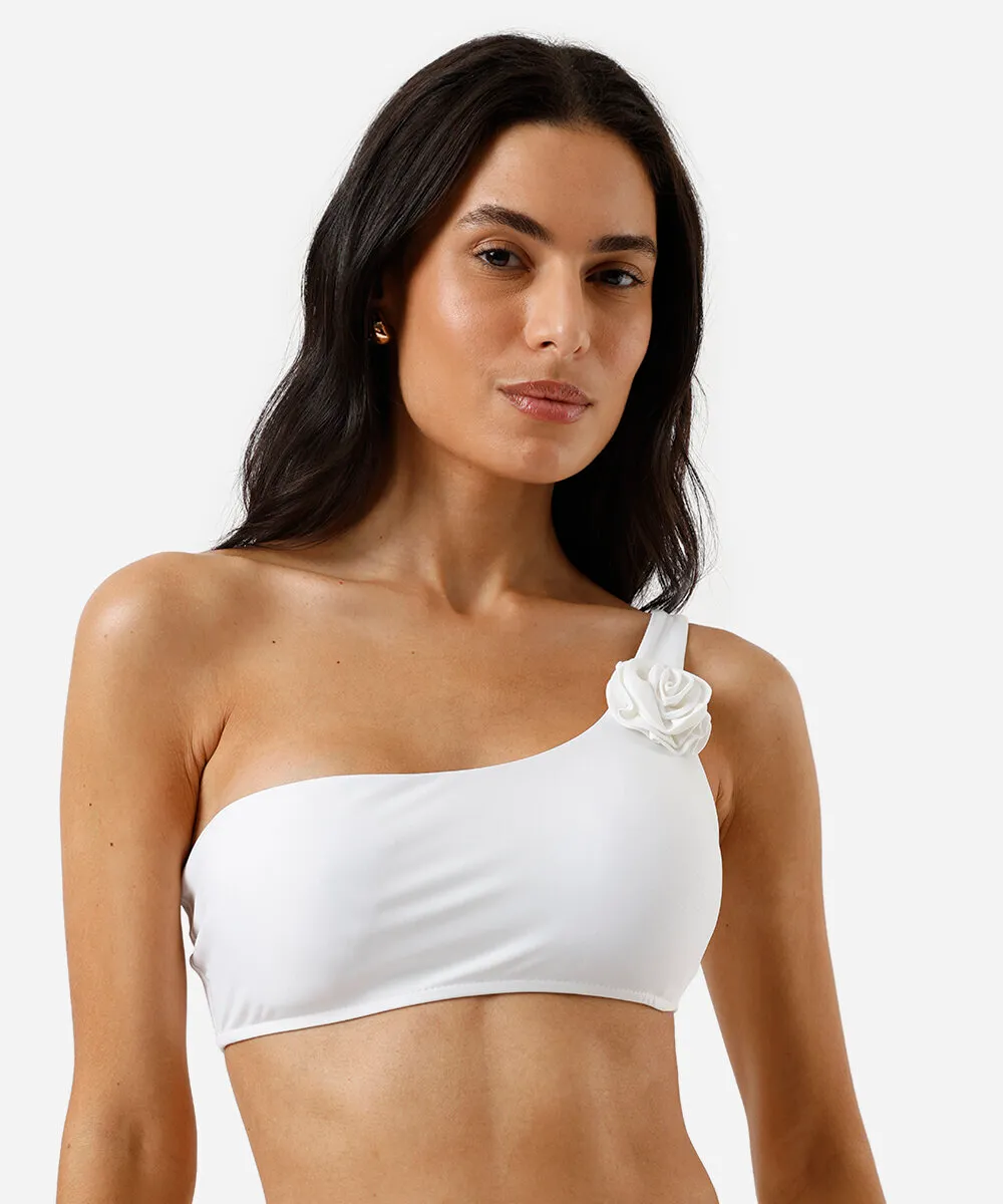 biquíni top faixa ombro único feminino com flor off white