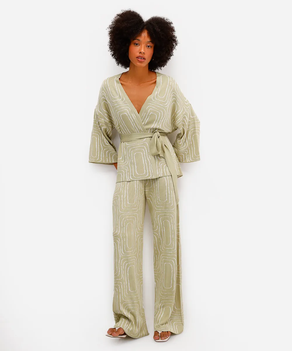 calça wide leg feminina de tricot geométrica vivi olimo verde