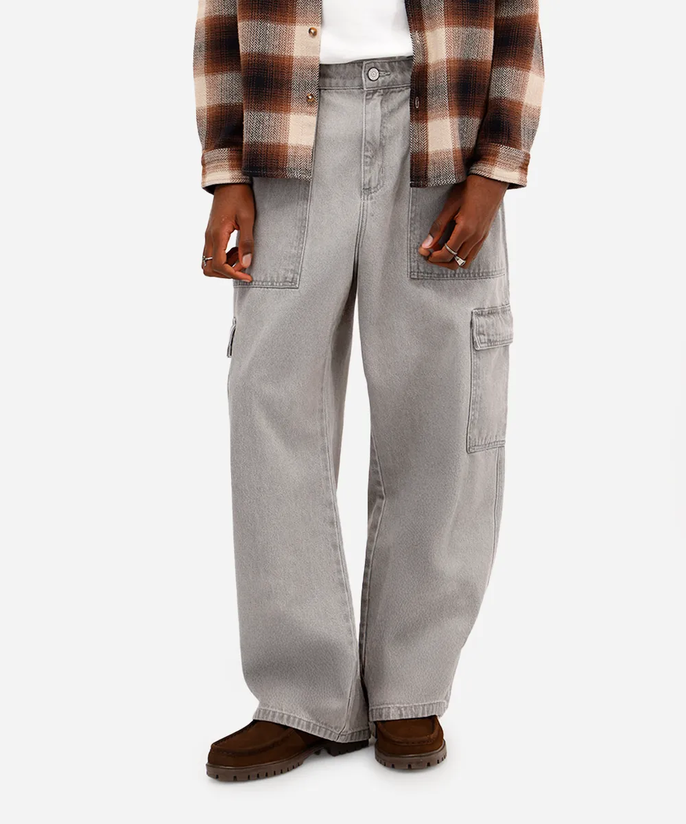 calça super baggy masculina jeans com bolsos cargo cinza