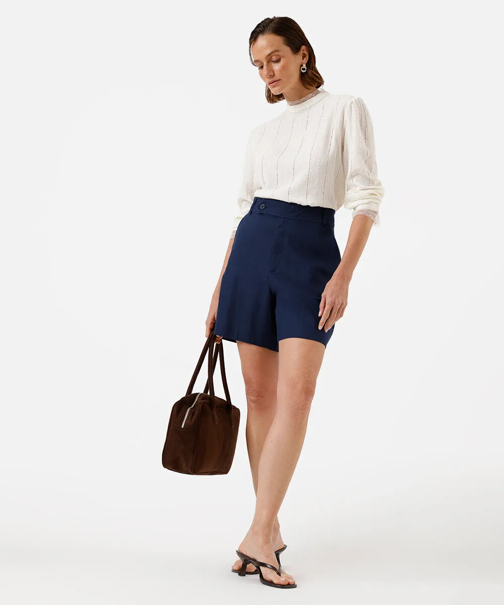 bermuda feminina de alfaiataria com linho azul