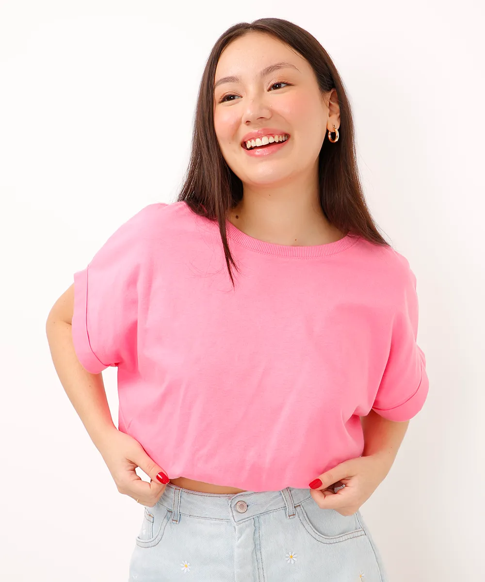 cropped de algodão juvenil balonê manga curta rosa