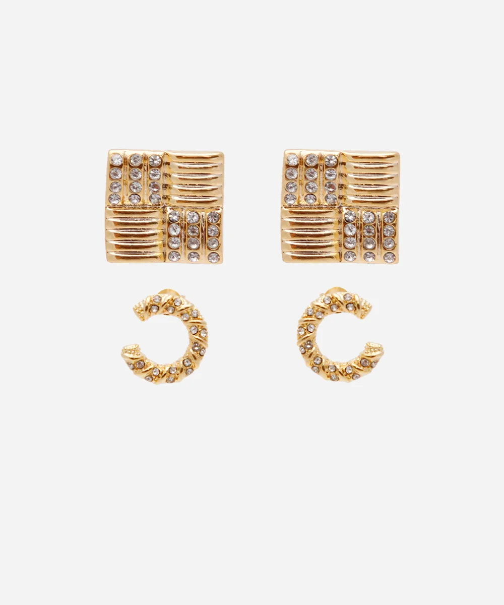 kit de 2 brincos banhado a ouro geométricos com brilho dourado