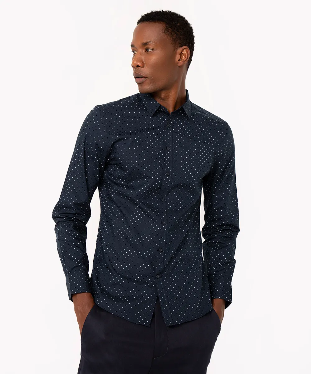 camisa de algodão slim poá manga longa azul marinho