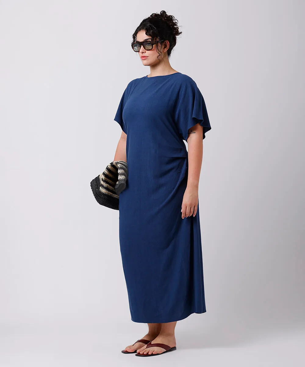 vestido midi feminino com linho e pregas mindset plus size azul