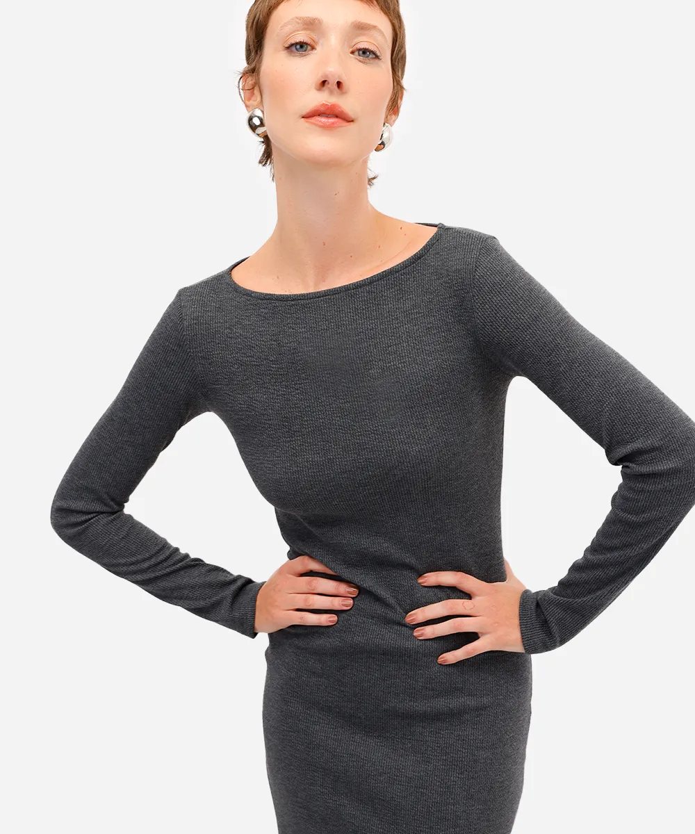 vestido midi feminino manga longa texturizado cinza