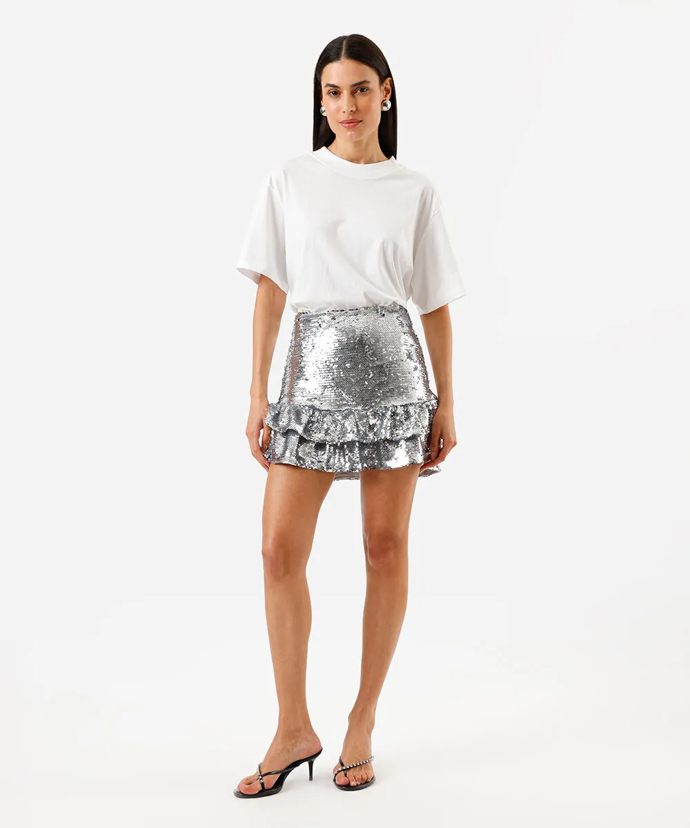 saia curta feminina de paetê cinza