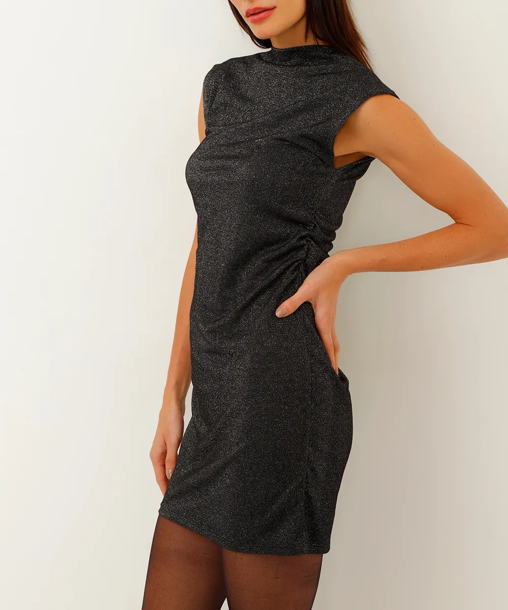 vestido curto de lurex com franzido preto