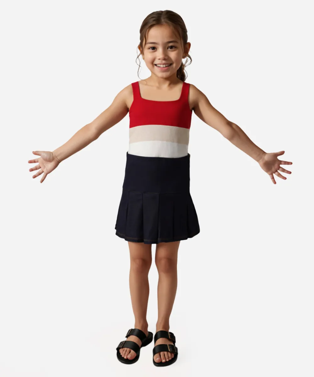 saia curta plissada de malha jeans azul