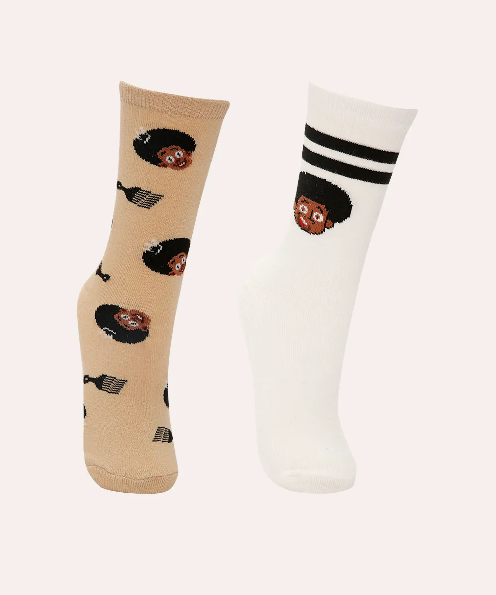 kit de 2 meias infantis cano longo hora do blec colorida