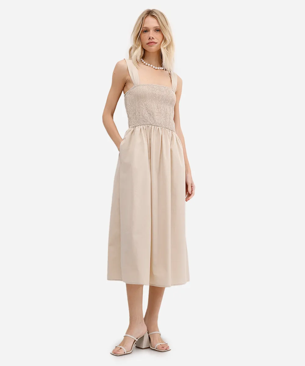 vestido midi feminino de algodão franzido bege