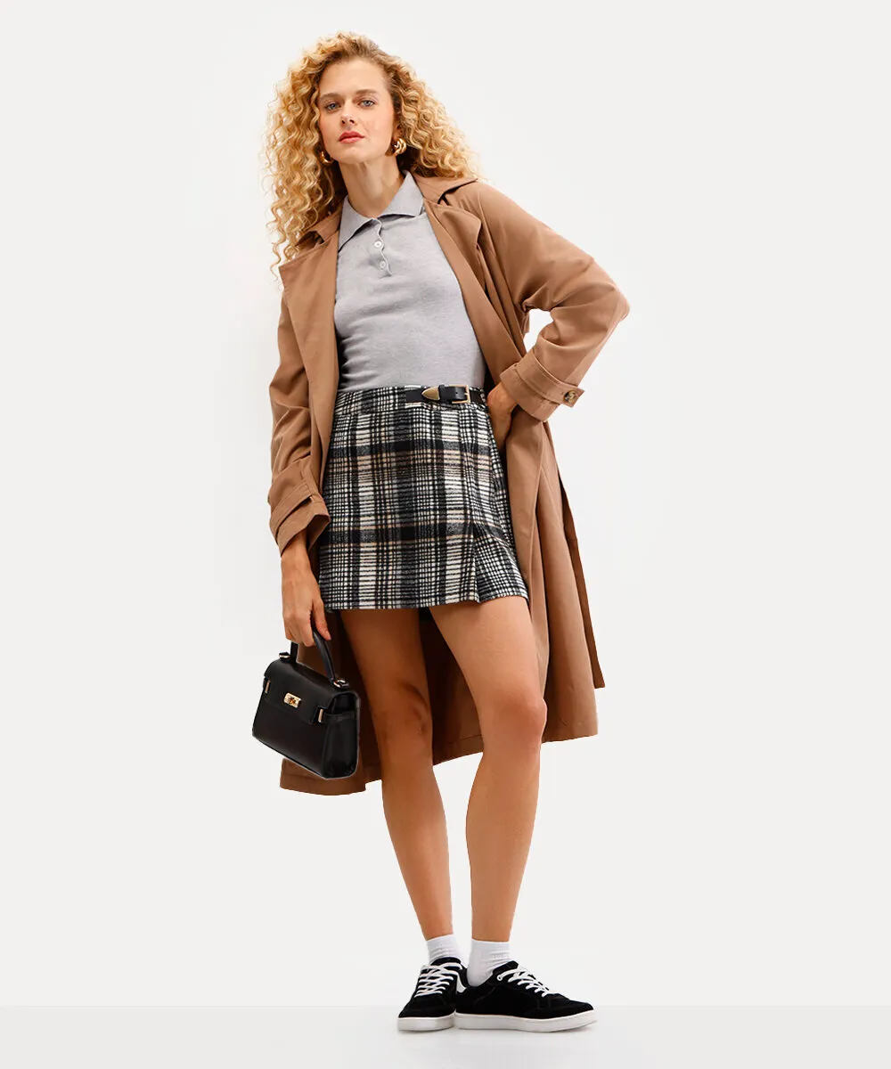 minissaia feminina com lã xadrez marrom