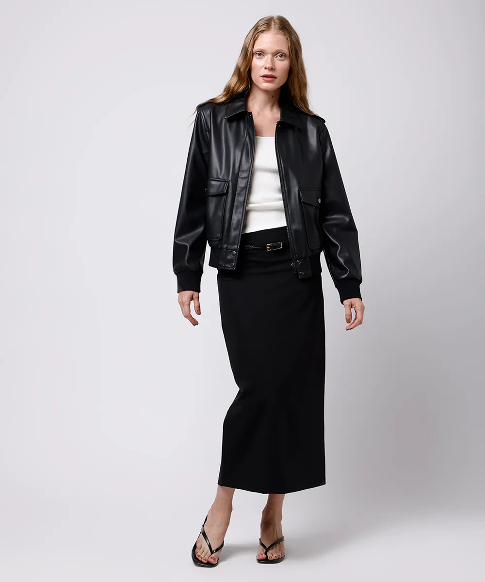 saia midi feminina de alfaiataria com cinto mindset preta