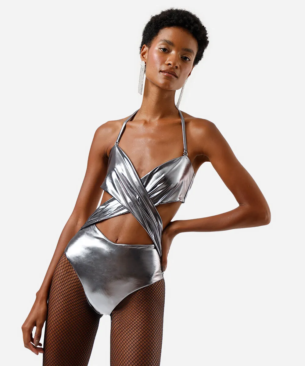 maiô transpassado feminino metalizado cinza