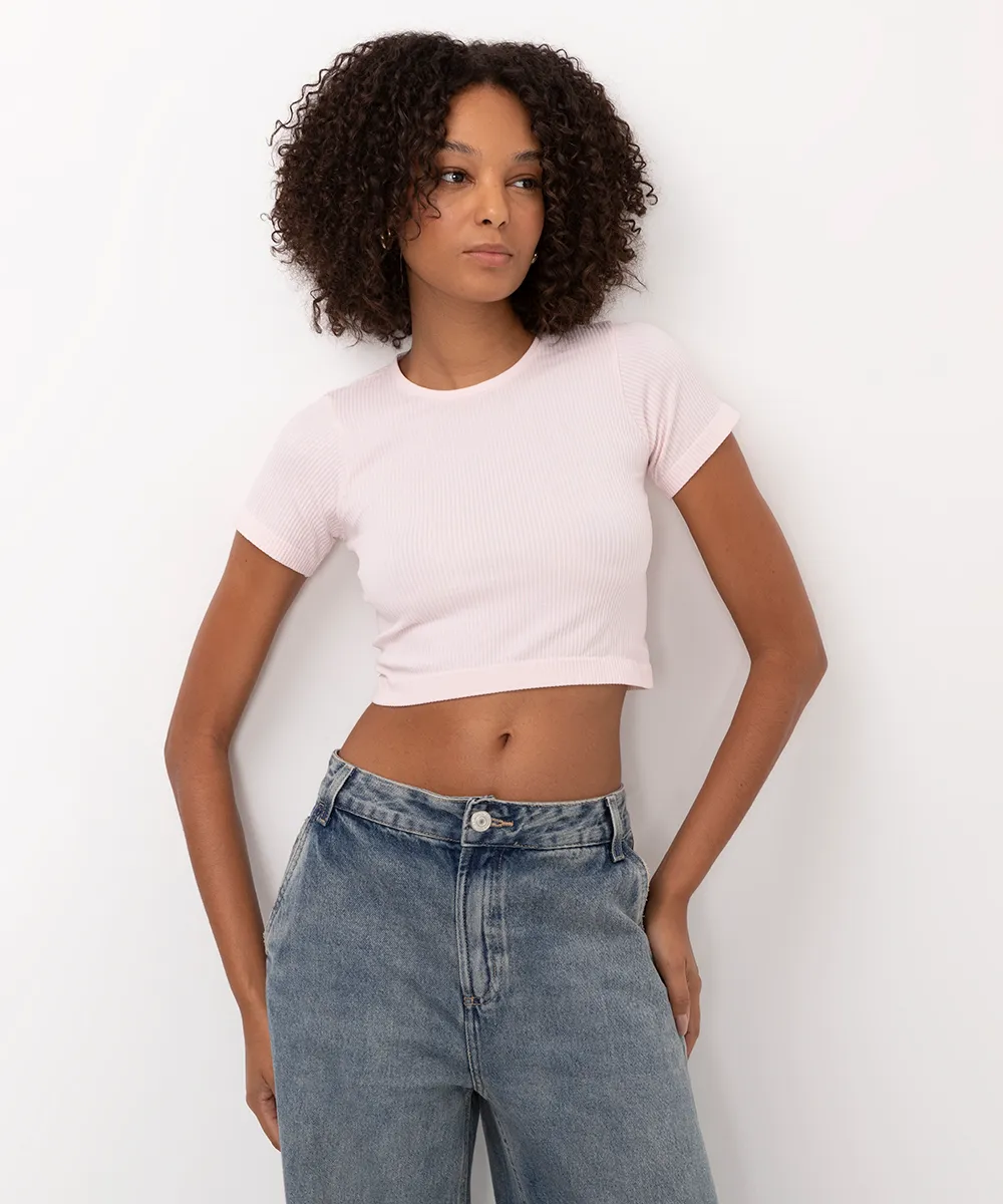 cropped de poliamida básico manga curta rosa