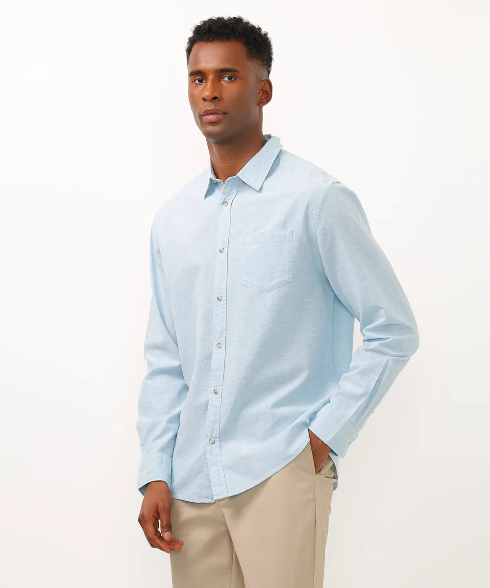camisa comfort com linho manga longa azul