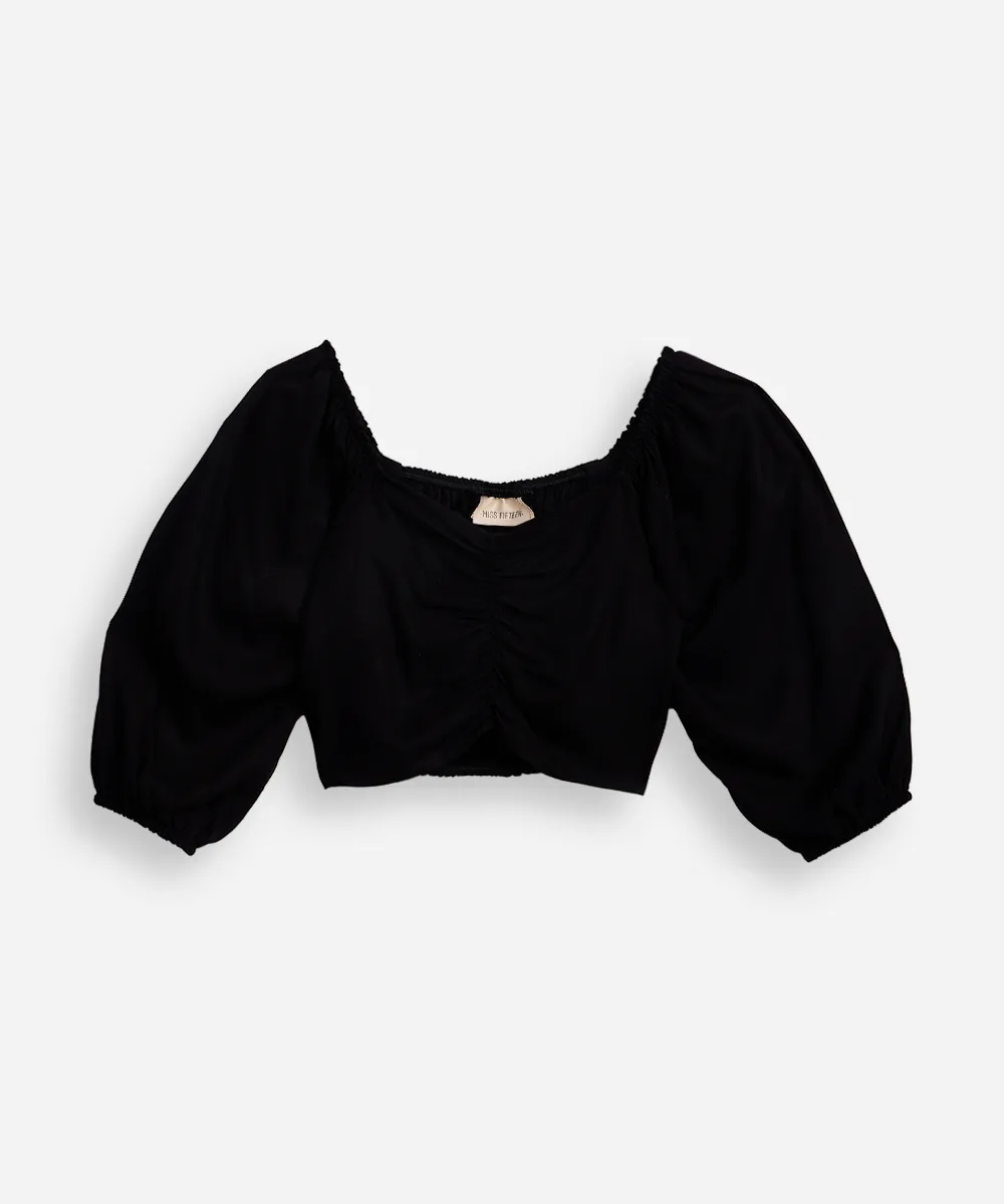 cropped de viscose juvenil manga bufante com franzido preto