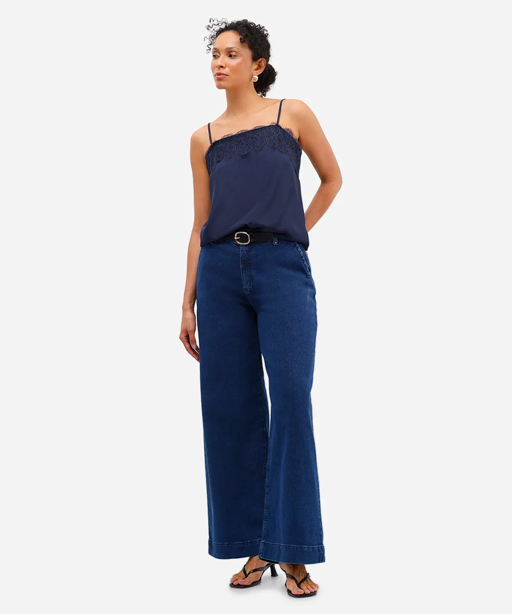 calça wide leg feminina jeans cintura alta azul