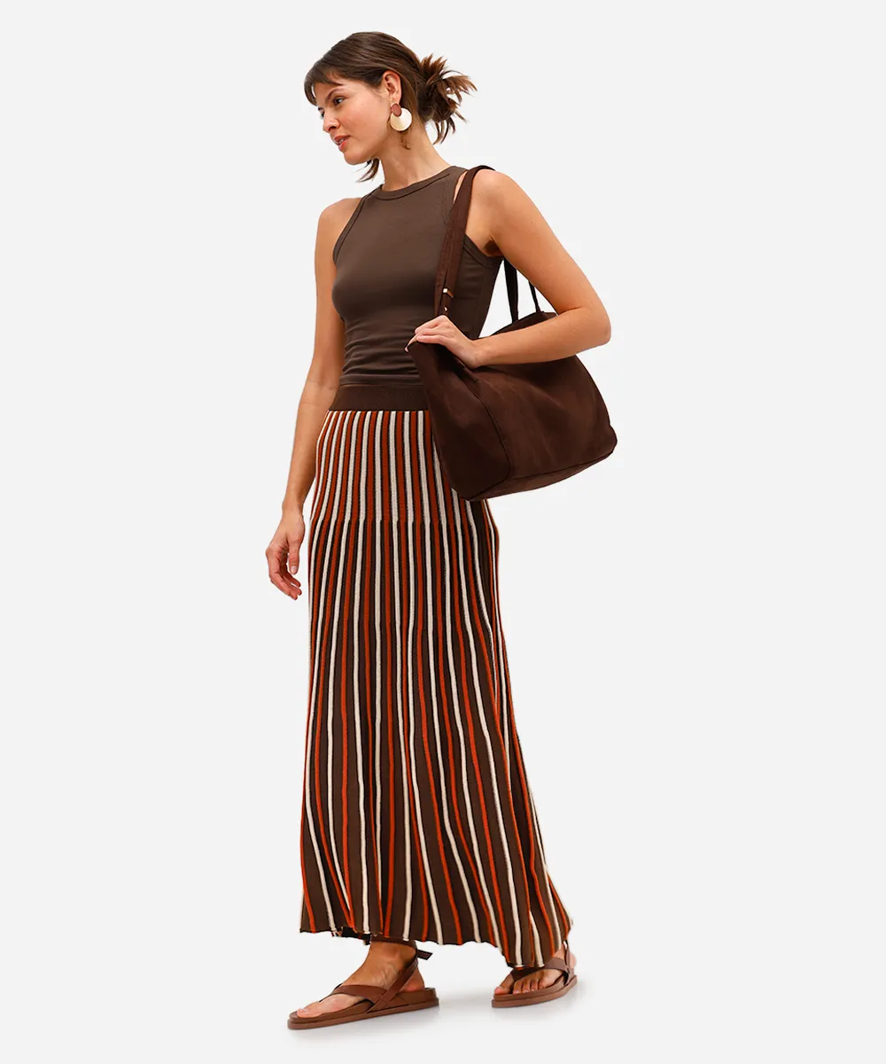 saia midi feminina de tricot texturizada listrada marrom