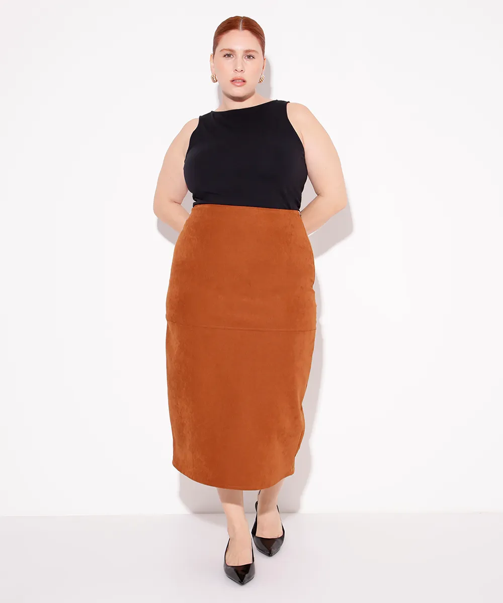 saia midi de suede plus size mindset marrom
