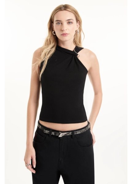 Blusa Rib Draped Piercing Preto