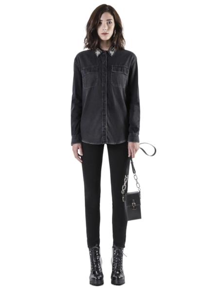 Camisa Black Denim Bordado Pedras 521 Lav. Black C/ Stonado