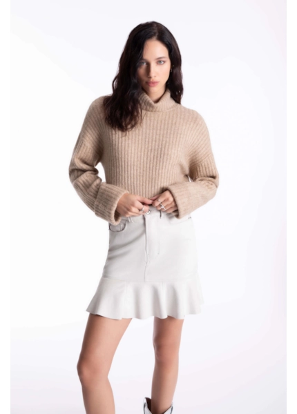 Tricot Wool Like Ribbed Turtleneck Husk