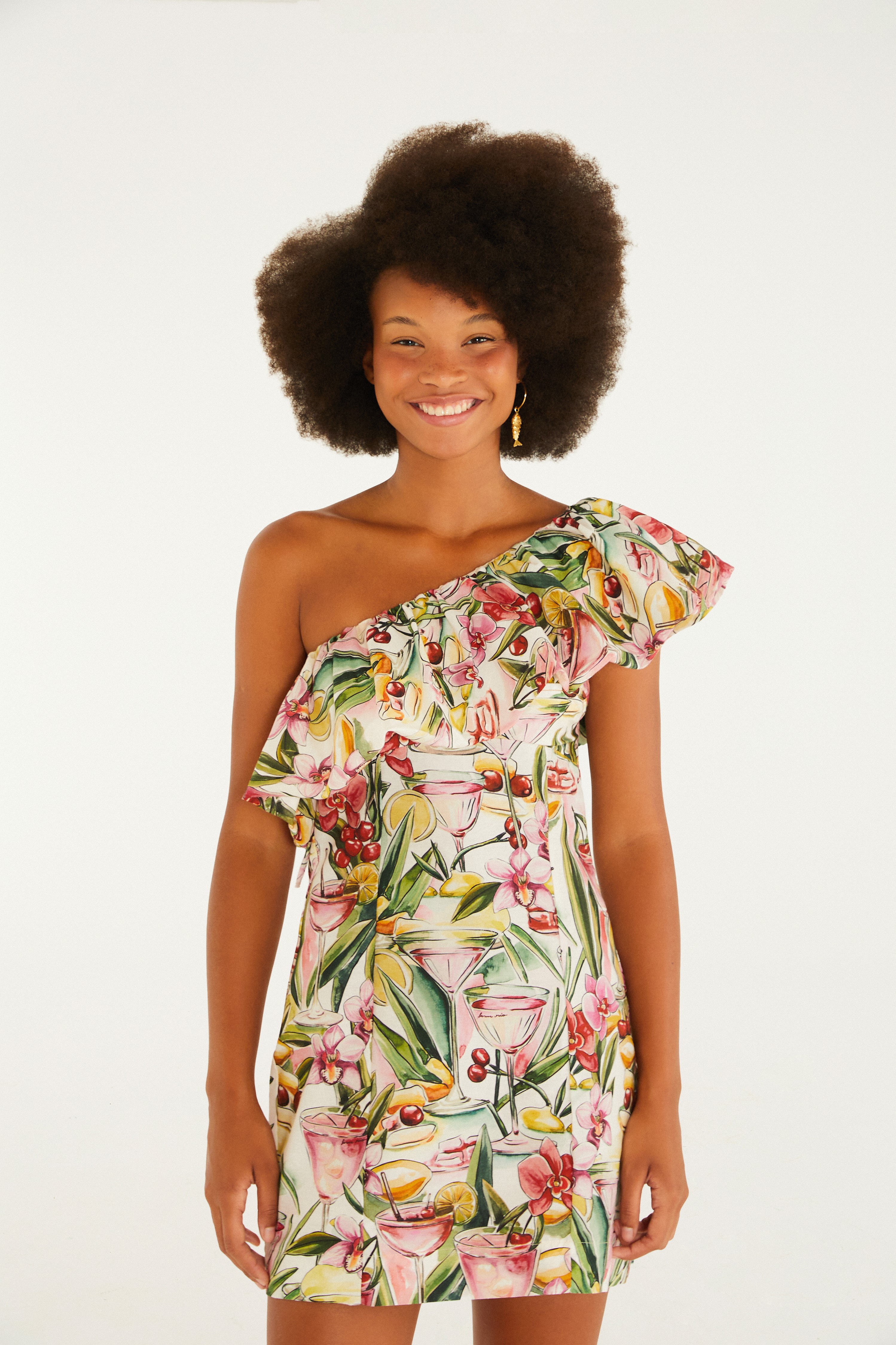 Vestido Curto Balonê Estampado Drink