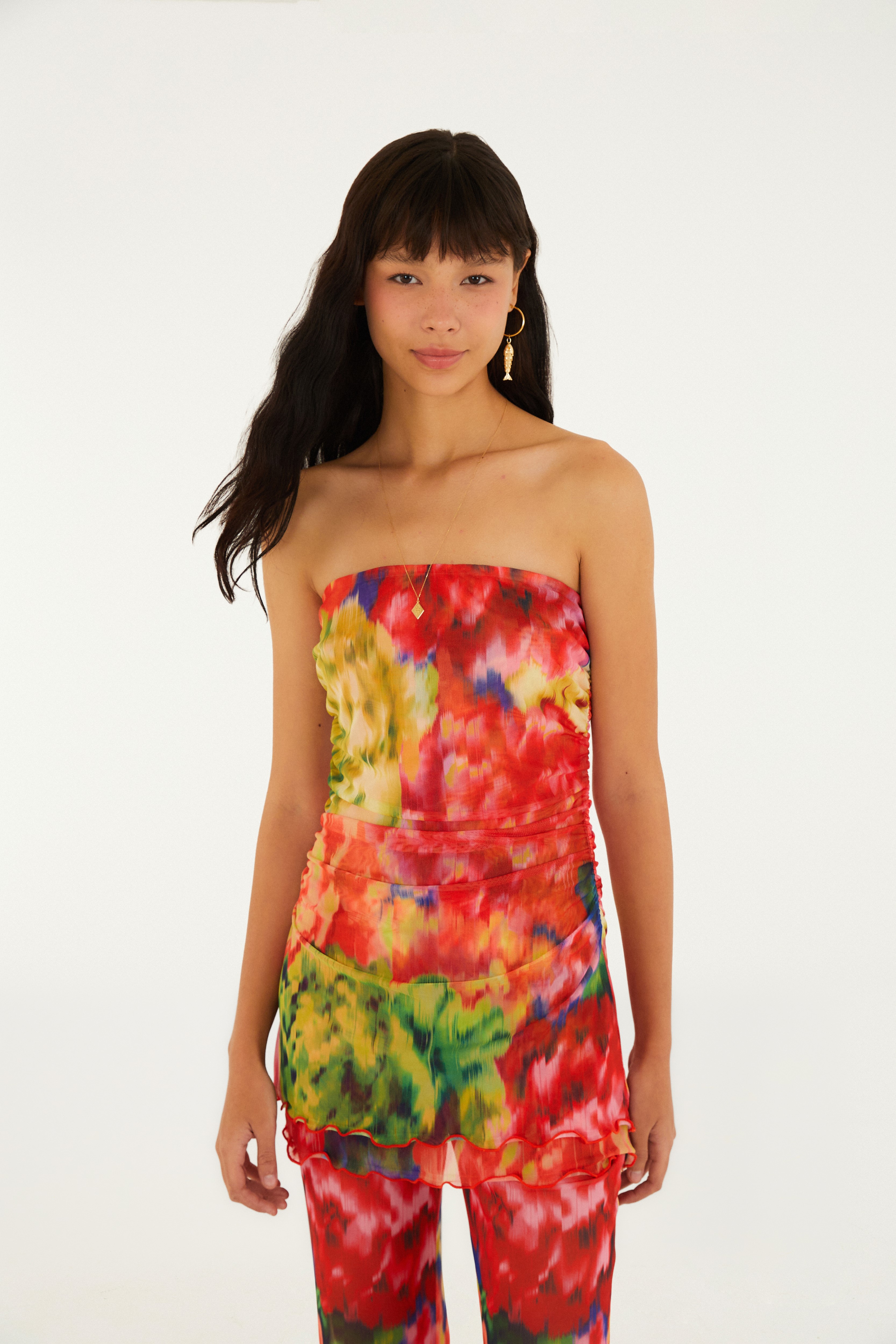 Blusa Sem Alça Tule Estampada Chita Astral