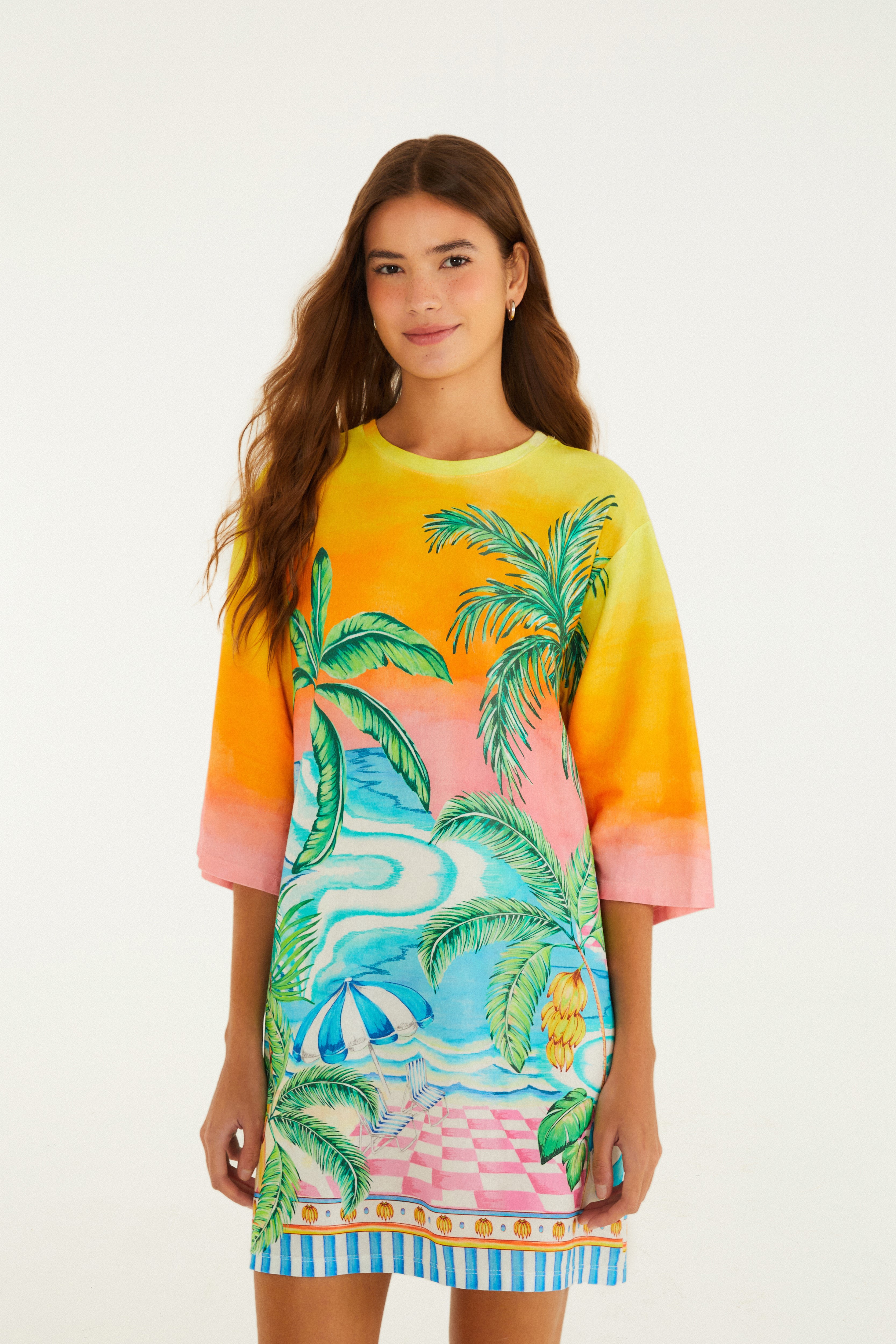 Vestido T-Shirt Big Estampado Paisagem Solar