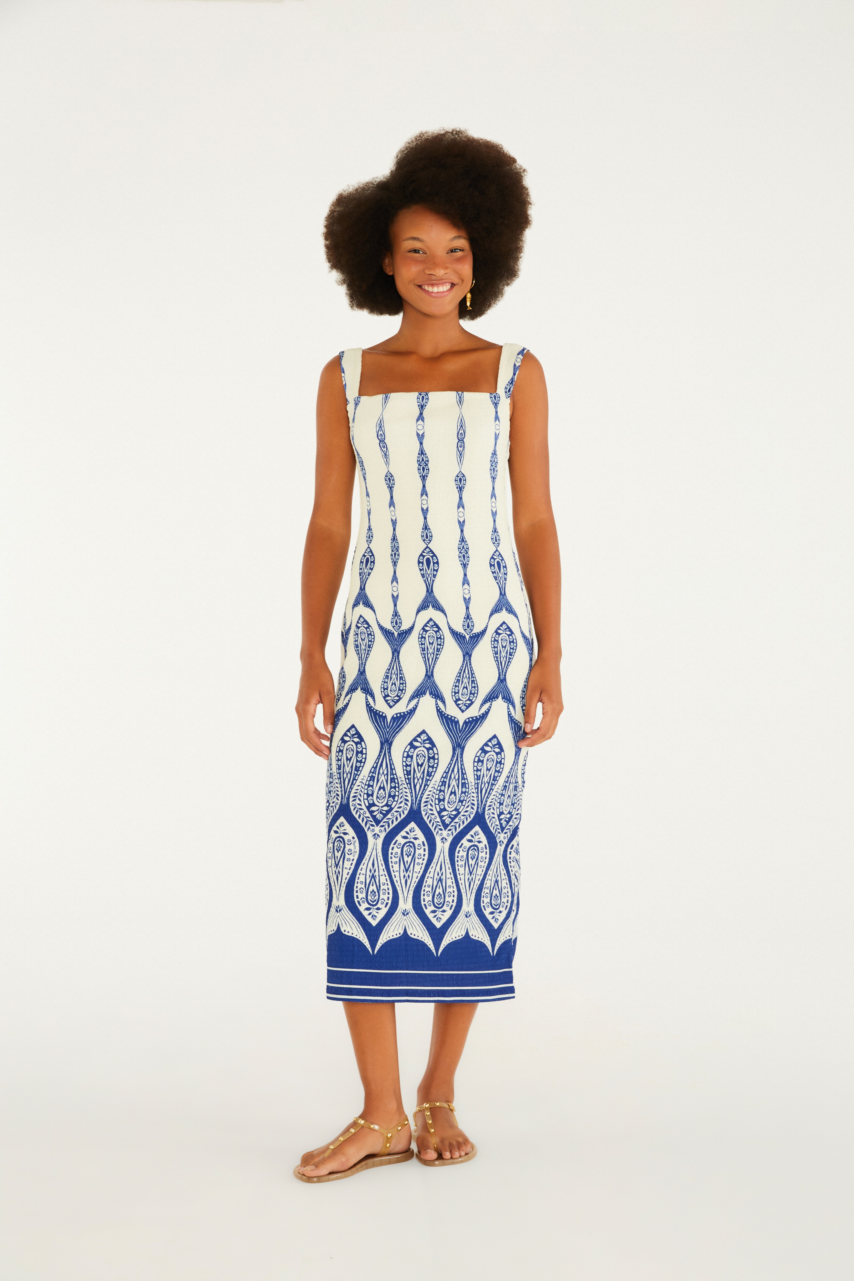 Vestido Alça Estampado Peixe Correnteza