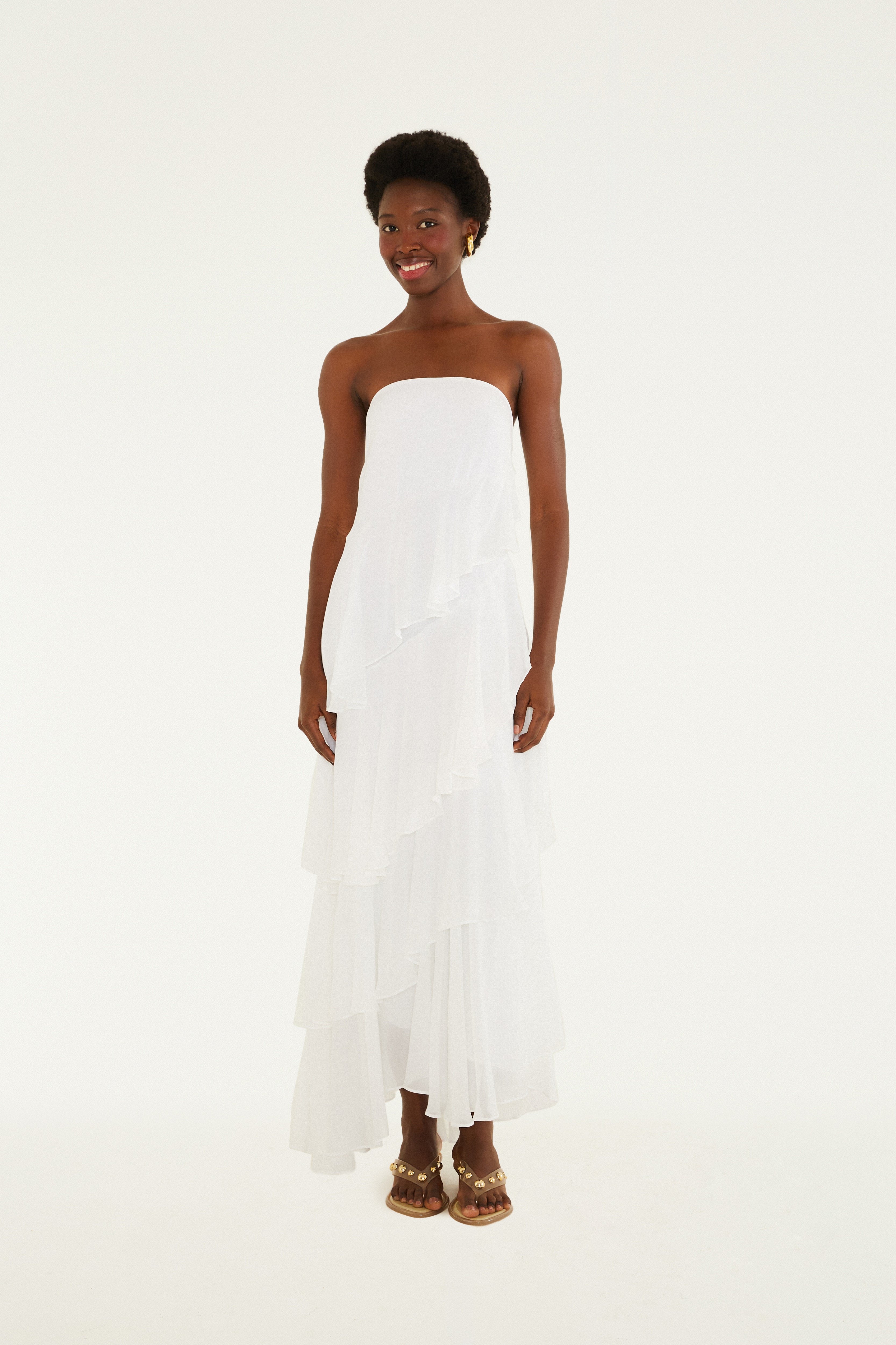 Vestido Sem Alça Babados Irregular