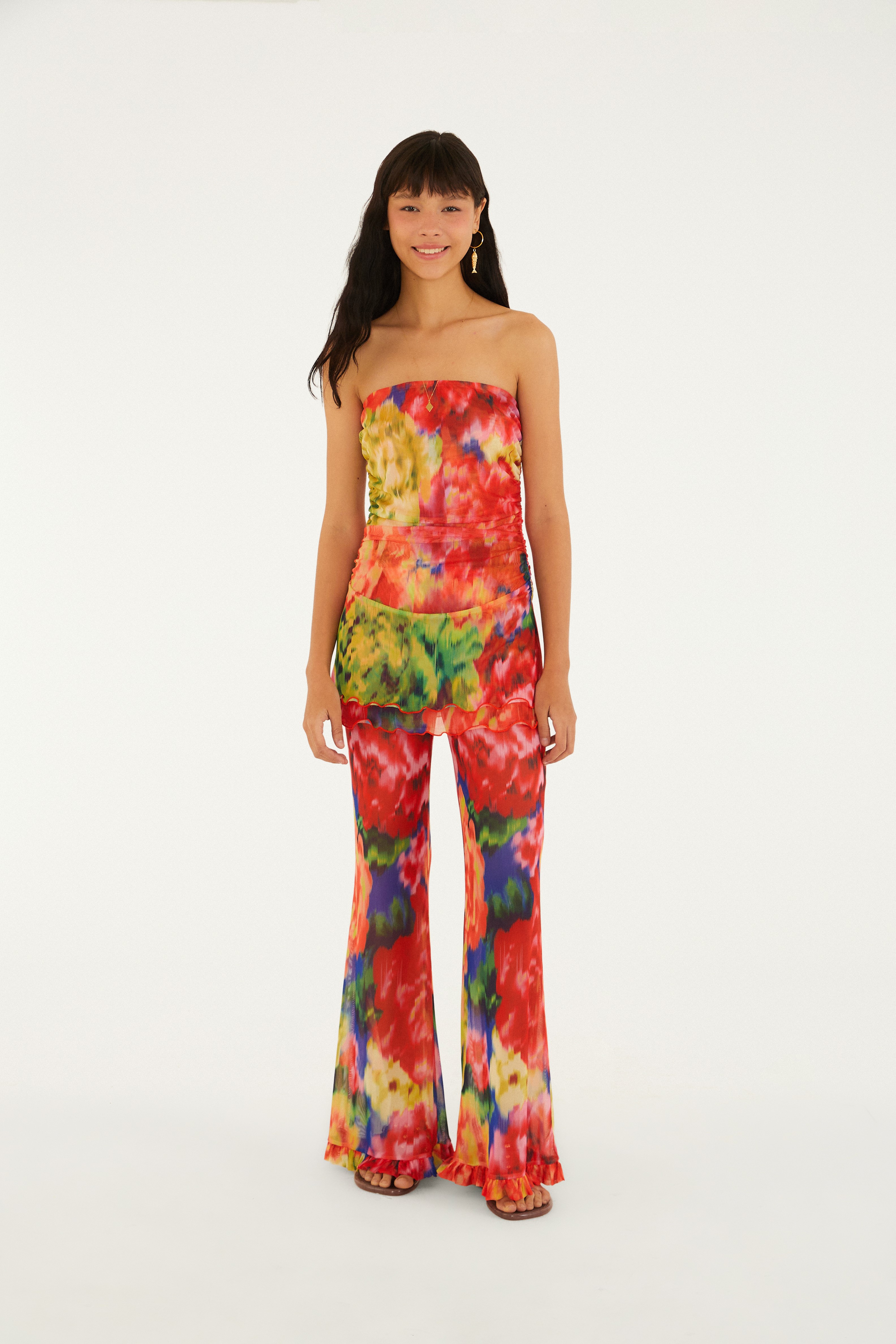 Calça Babado Tule Estampada Chita Astral