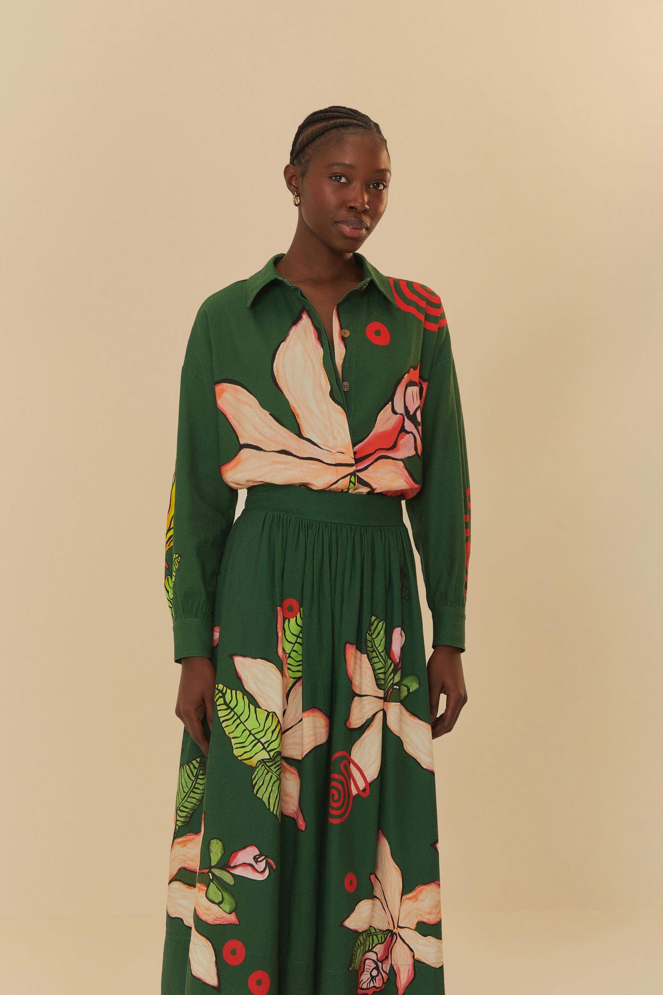 Saia Midi Linho Estampada Pólen