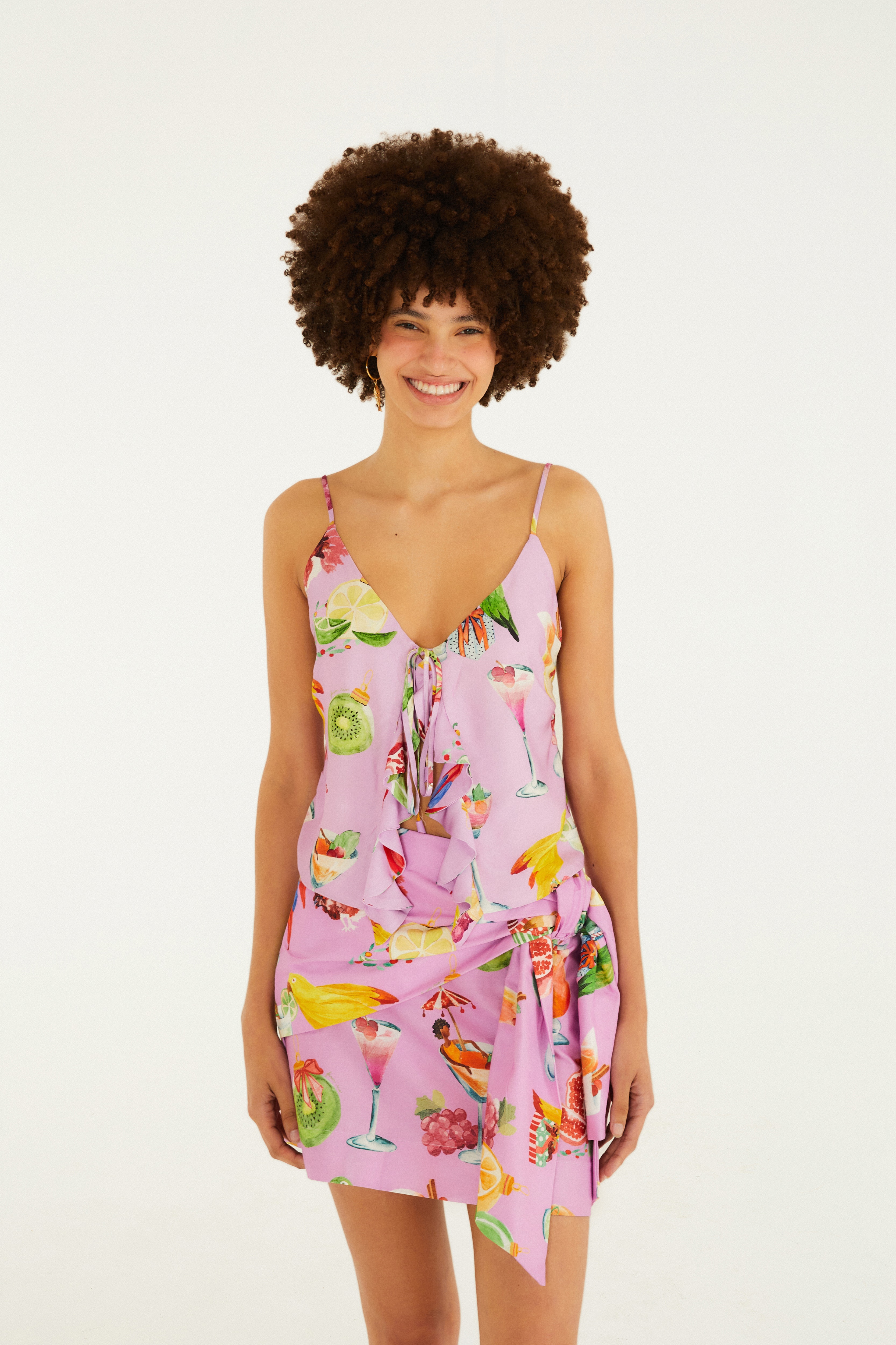 Blusa Babados Estampada Coquetel Lilás