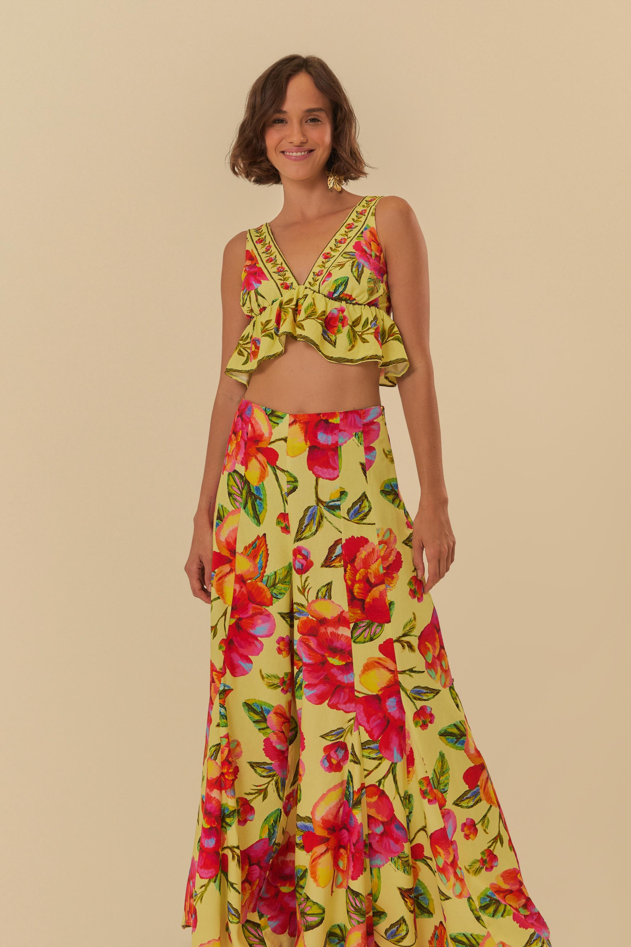 Calça Pantalona Estampada Flor Céu