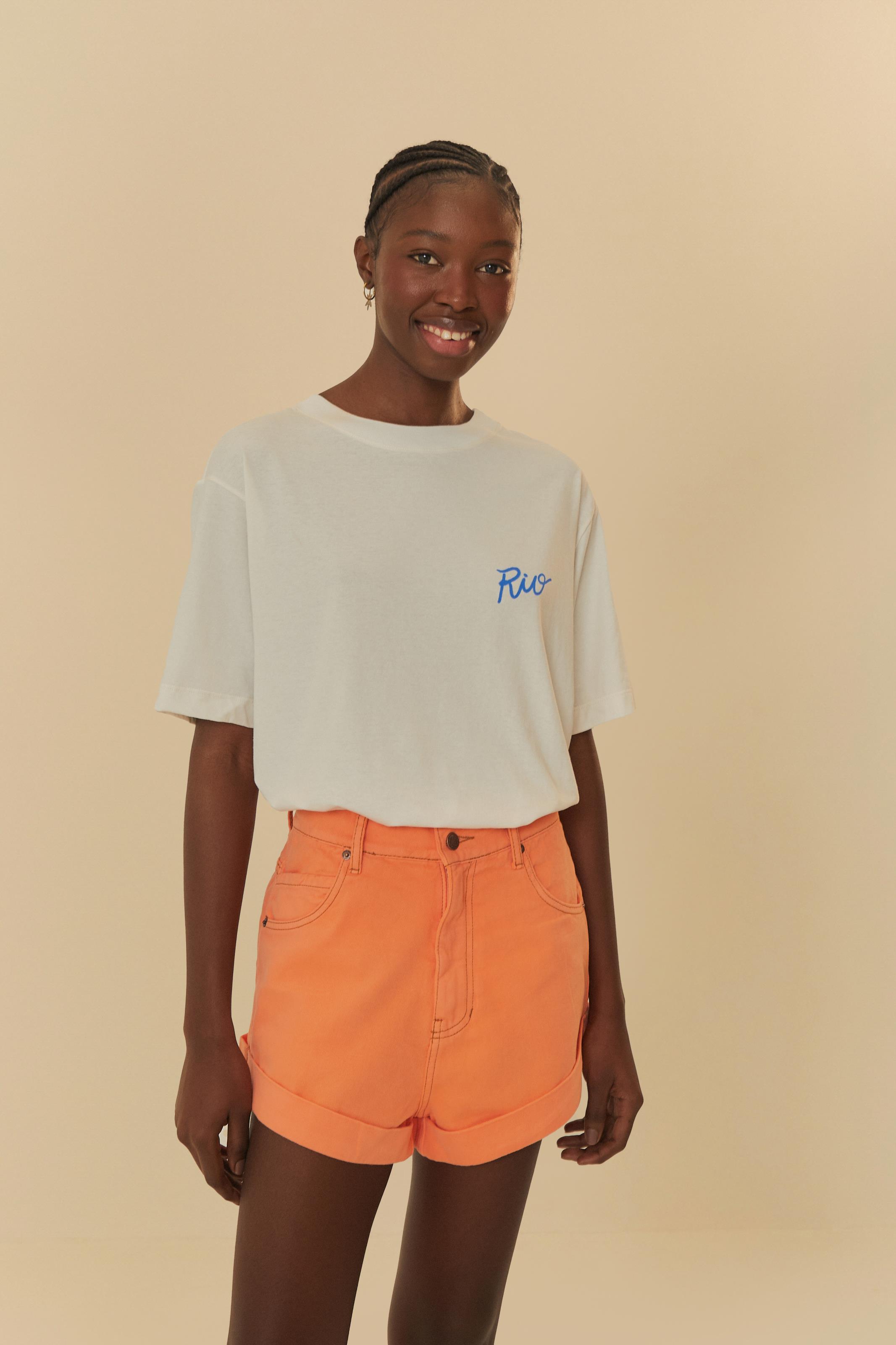 Short Sarja Bainha Dobrada Laranja Neon