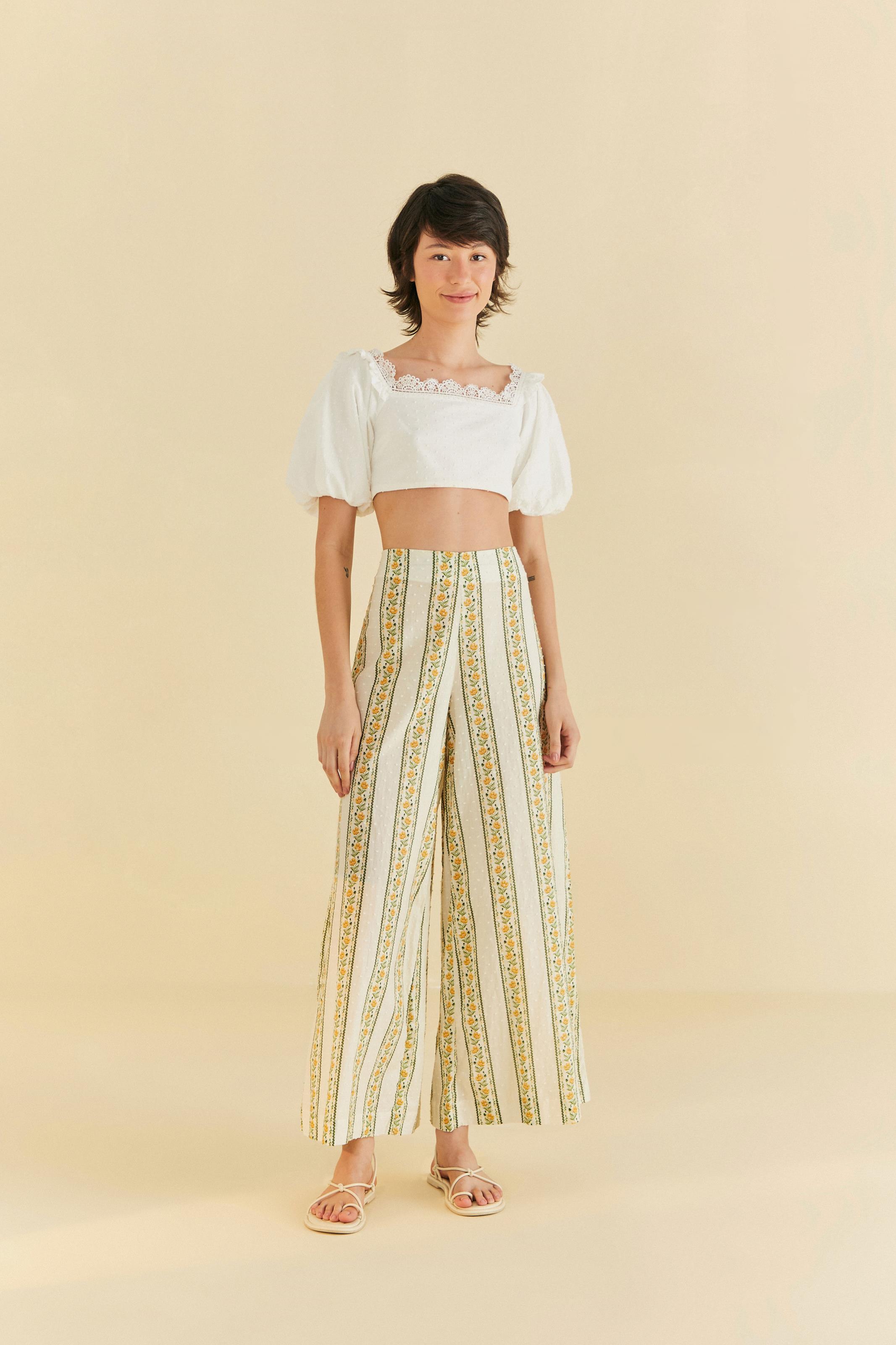 Calça Pantalona Estampada Jardim De Azaleias