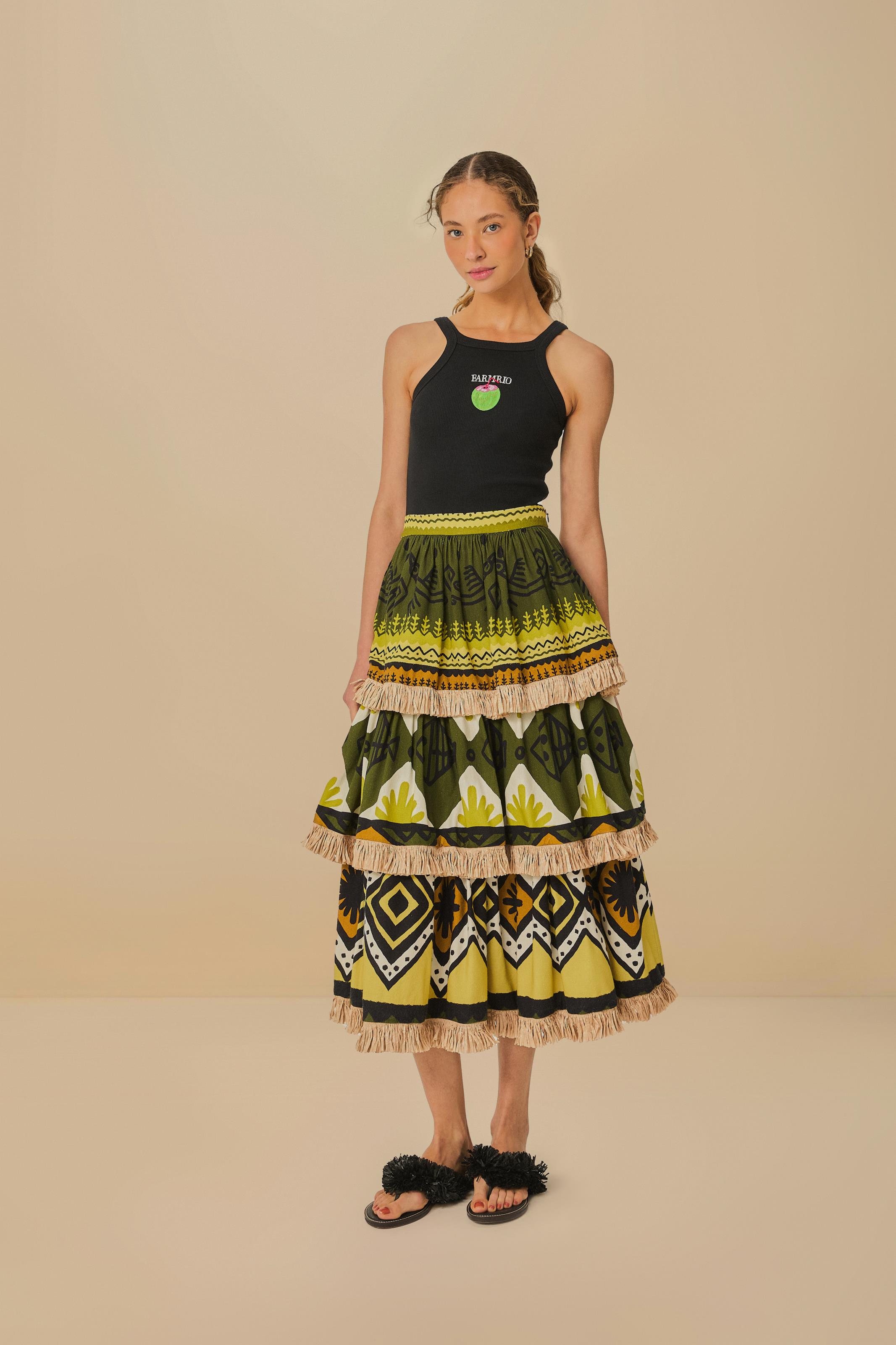 Saia Babados Estampada Selva De Gráfico