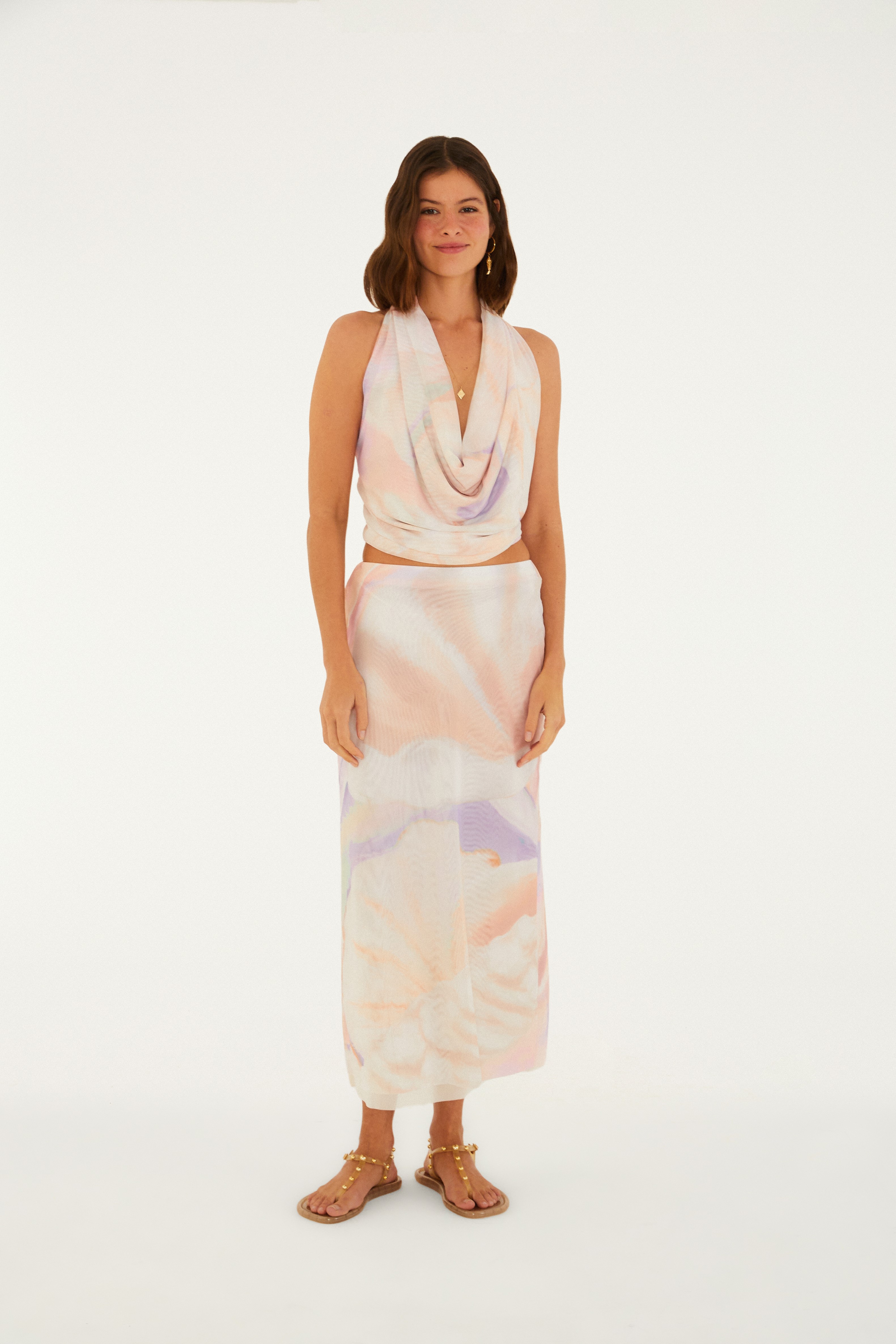 Saia Midi Tule Estampada Pérola Do Mar