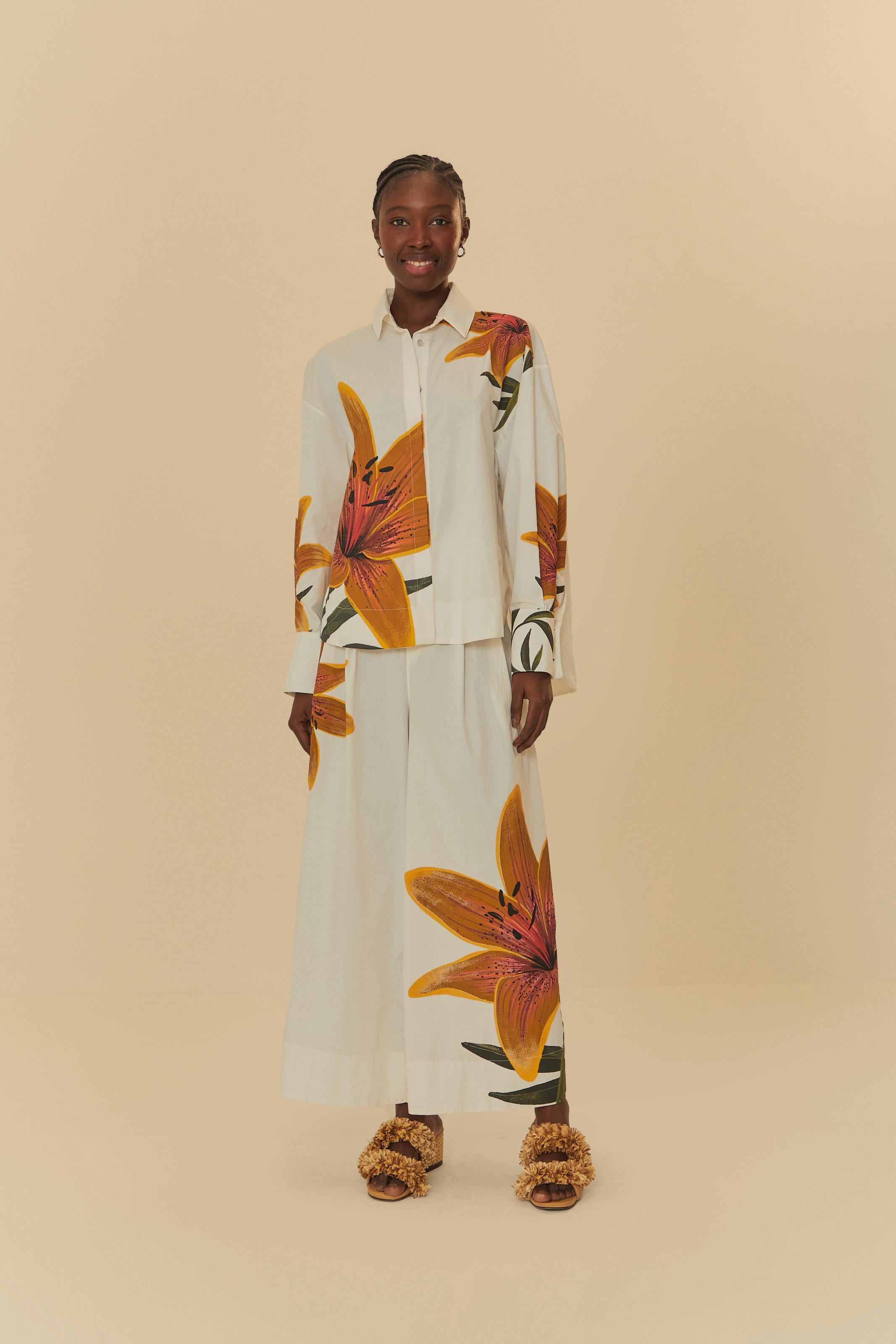 Calça Pantalona Estampada Flor Amarela