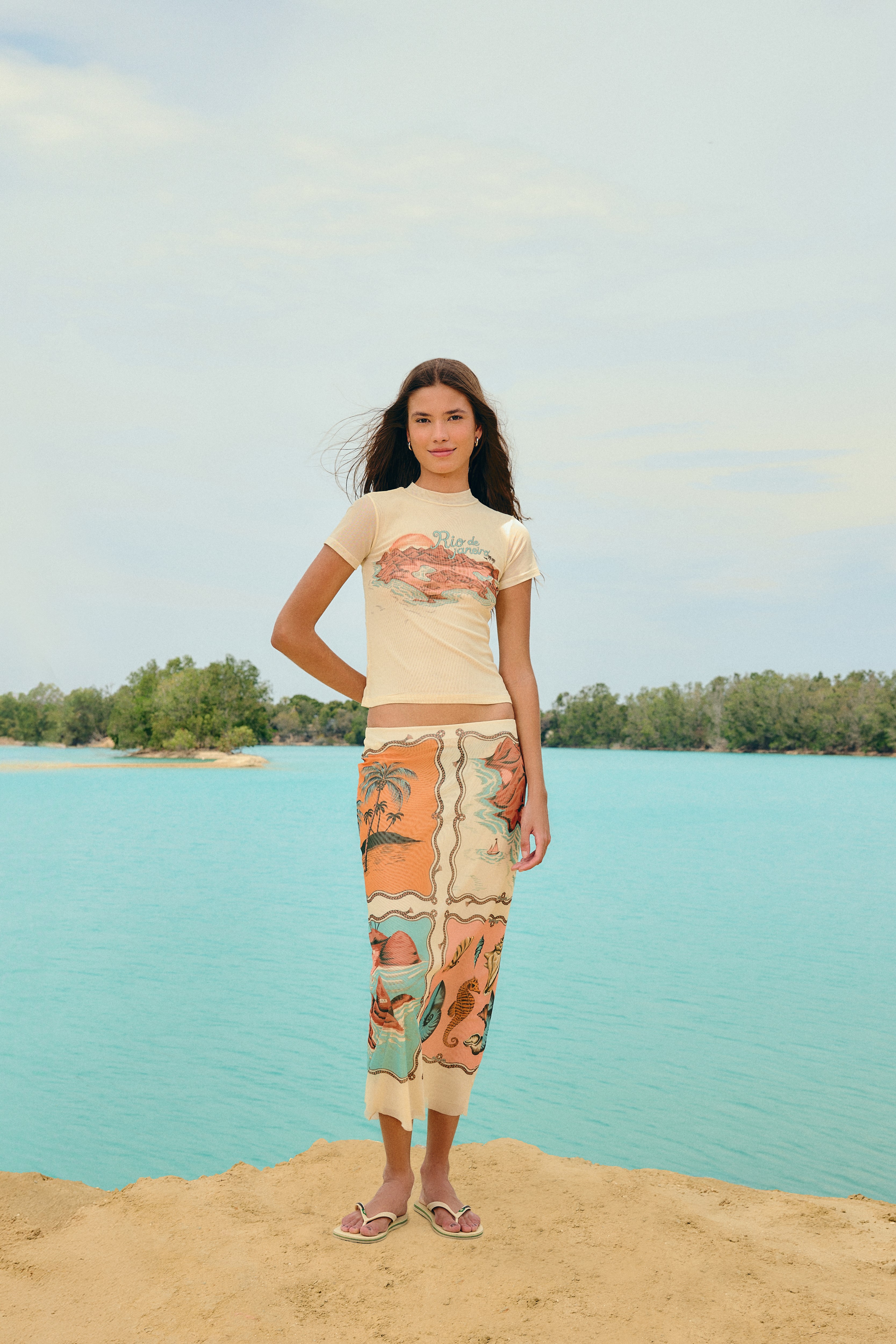 Saia Midi Tule Estampada Souvenir Rio