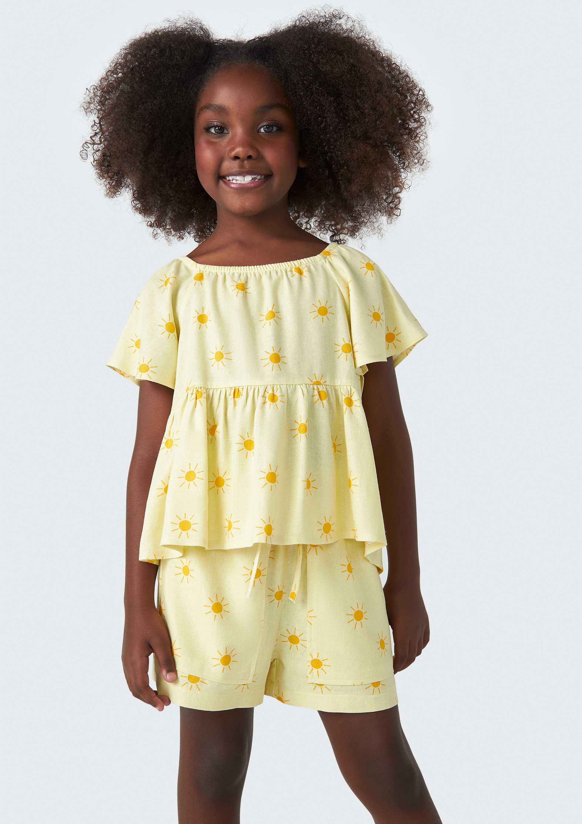 Blusa Bata Infantil Menina Estampada Com Linho - Amarelo