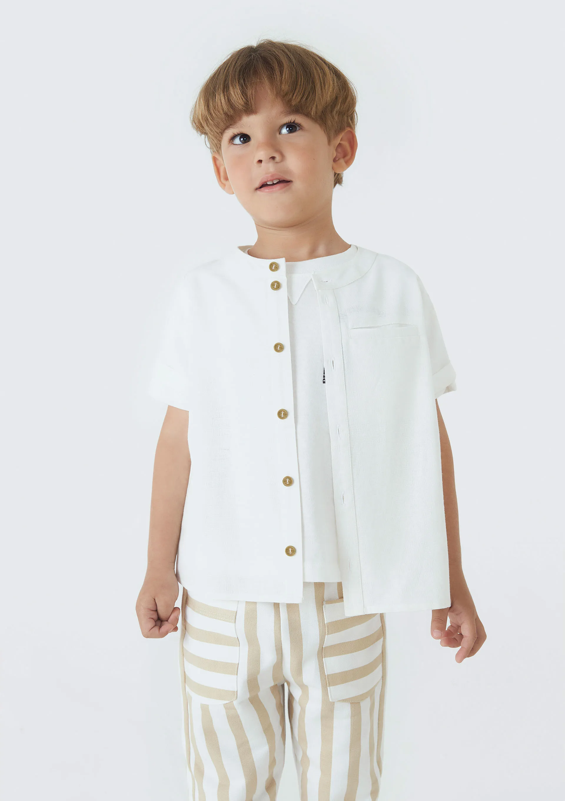Camisa Infantil Menino Toddler Com Linho e Gola Portuguesa - Off white