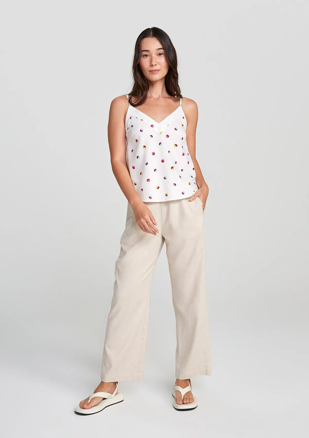 Regata Feminina Decote V Poá Em Linho - Off white