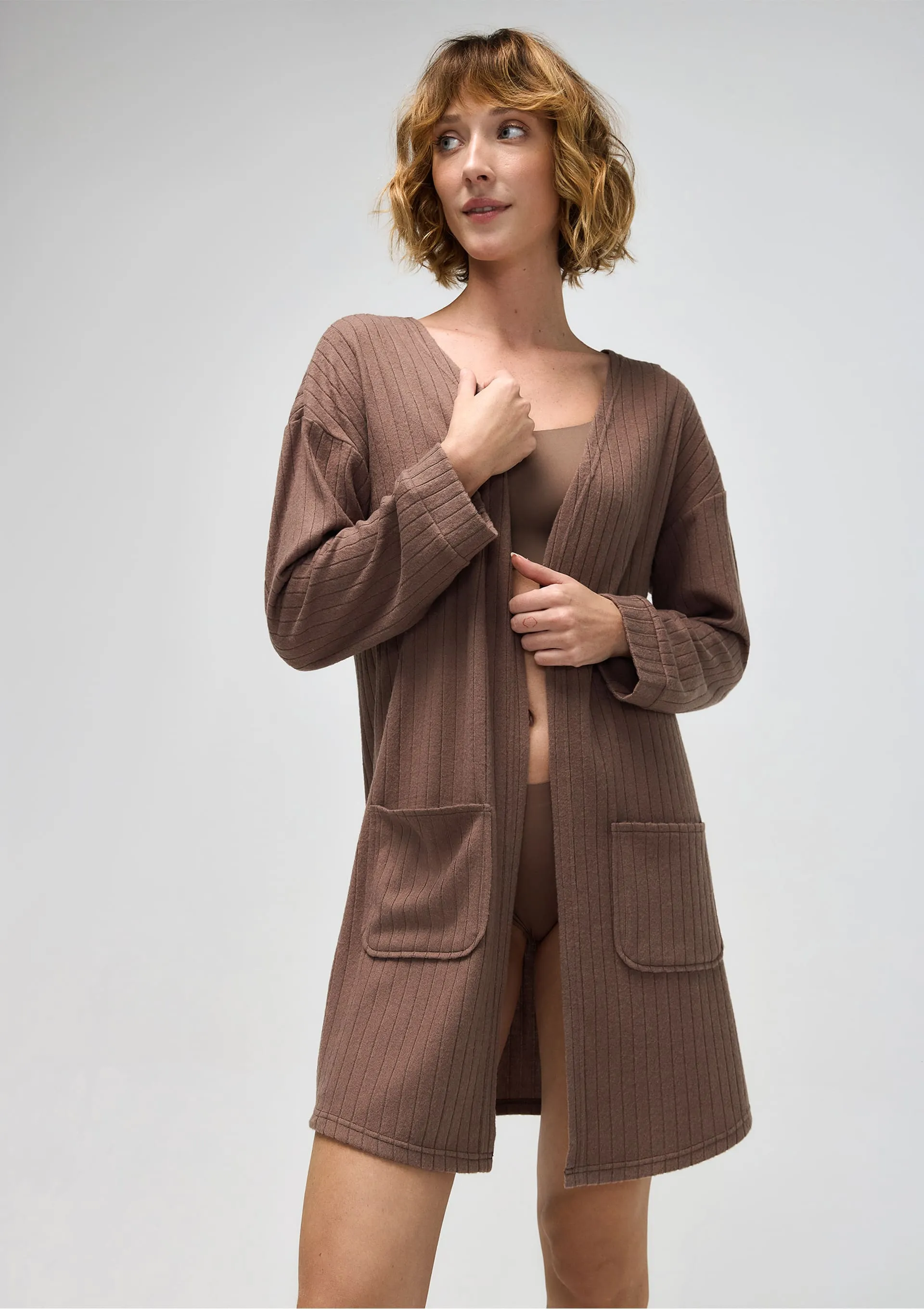 Robe Manga Longa Em Tricô - Marrom