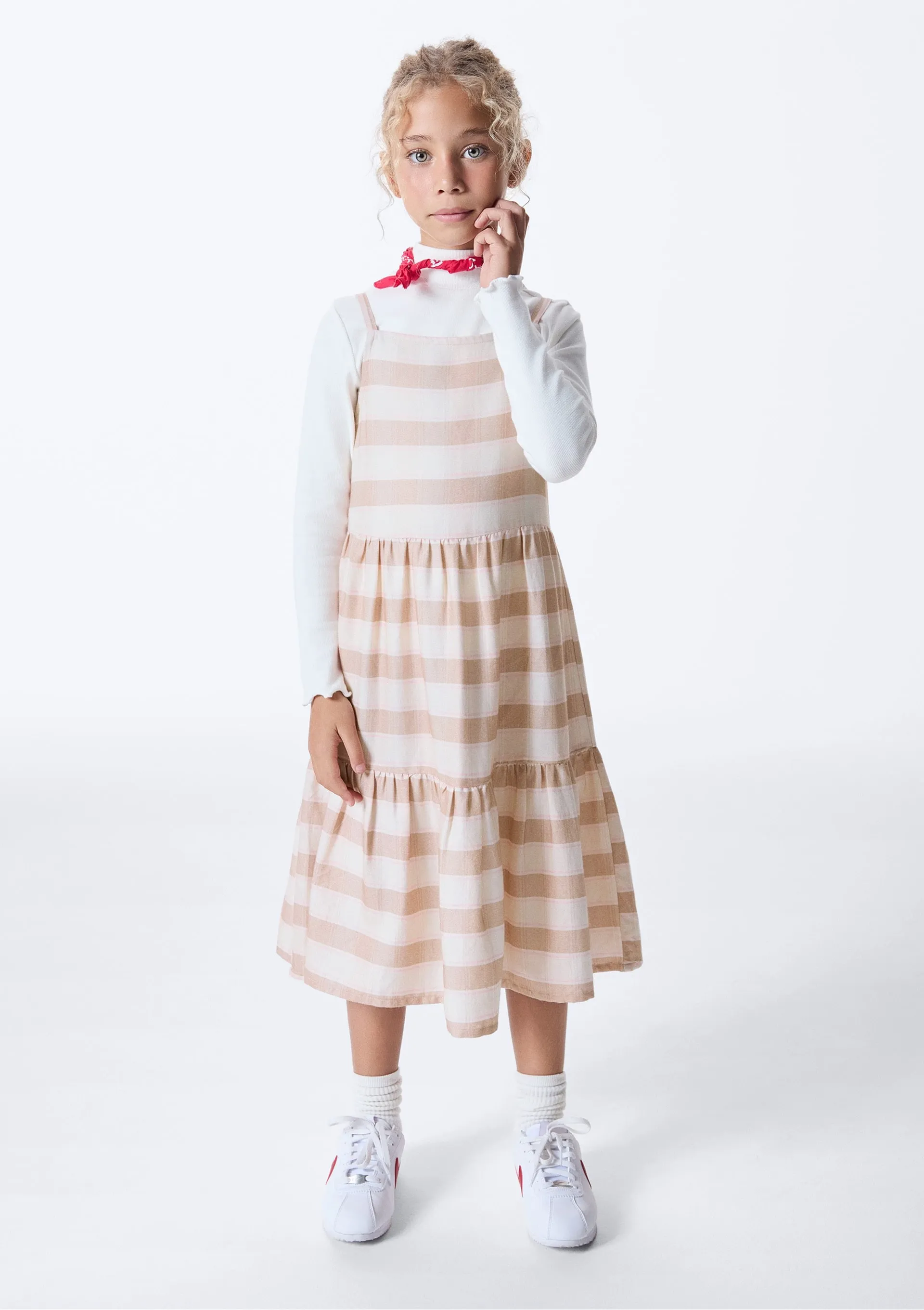 Vestido Infantil Midi Fio Tinto Listrado - Bege