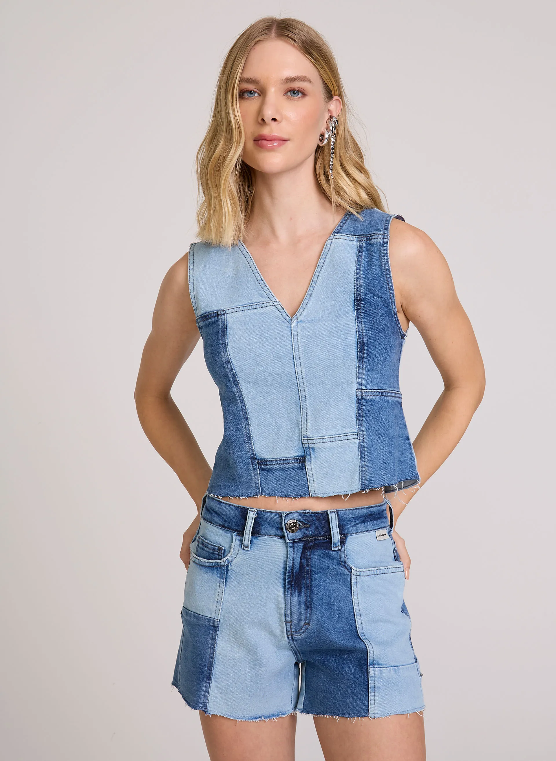 Blusa Jeans Cropped Mixed Blue Denim John John Feminina