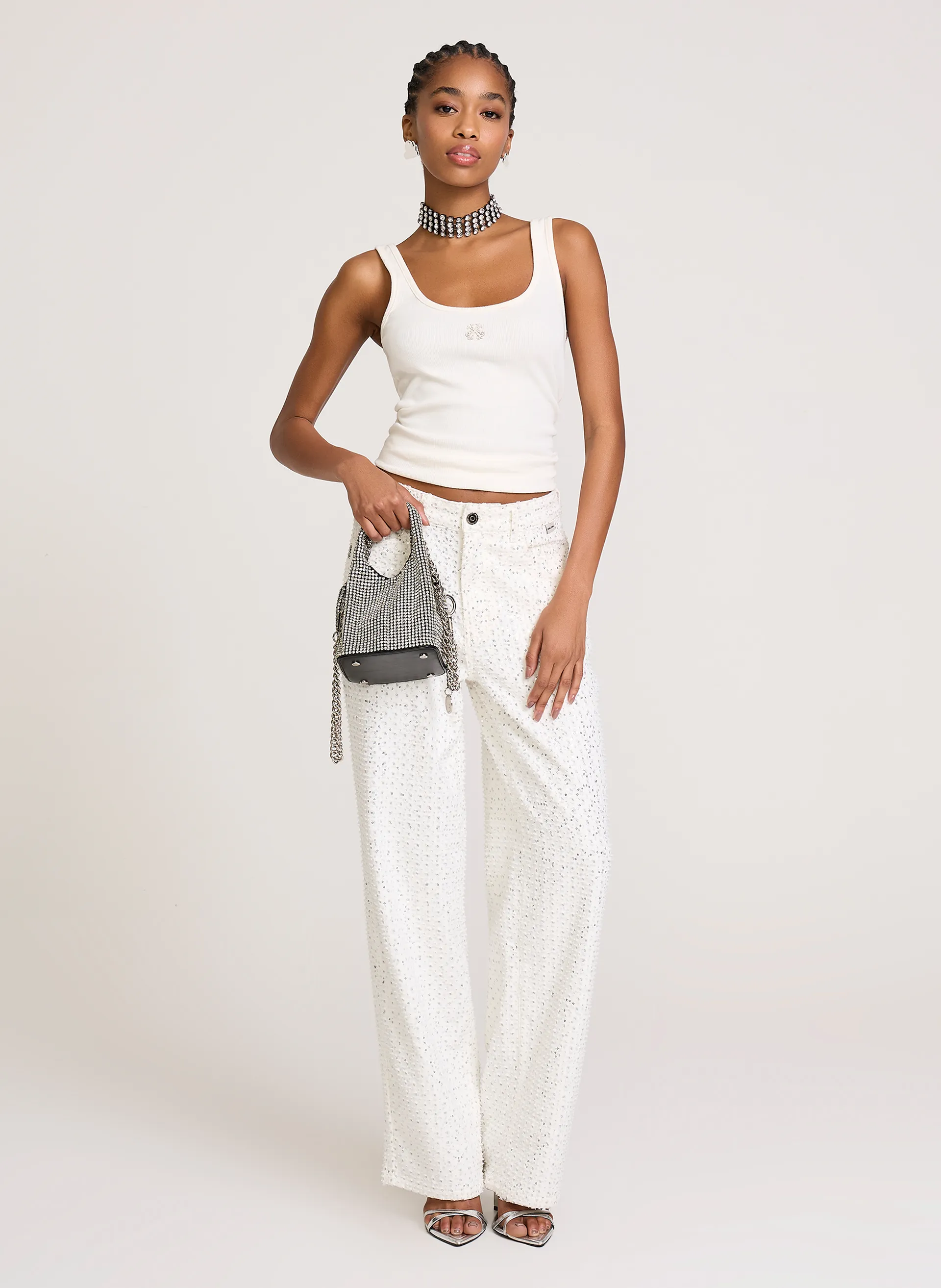 Calça Relaxed Fit Off White Paetês John John Feminina